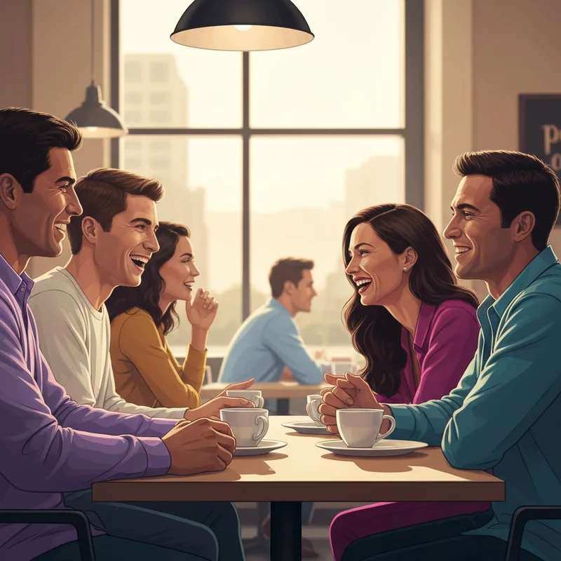 A diverse group of young professionals practicing how to win friends and influence people through authentic conversation in a sunlit urban cafe.