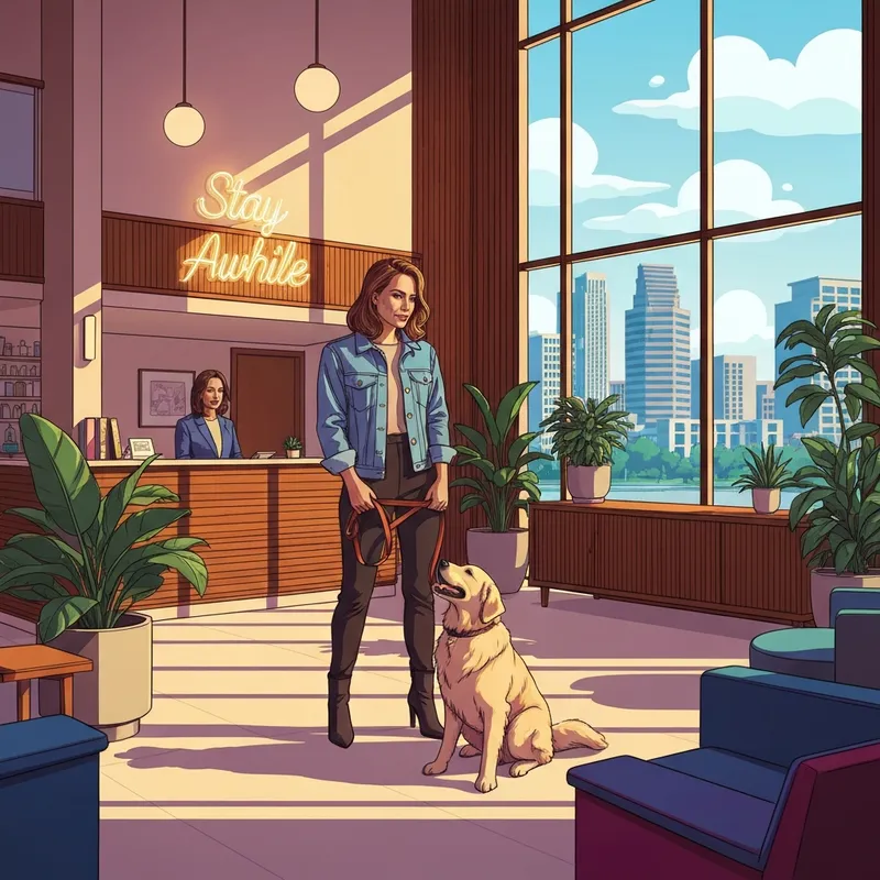 A stylish dog parent and her golden retriever checking into pet friendly hotels austin tx in a luxury lobby.