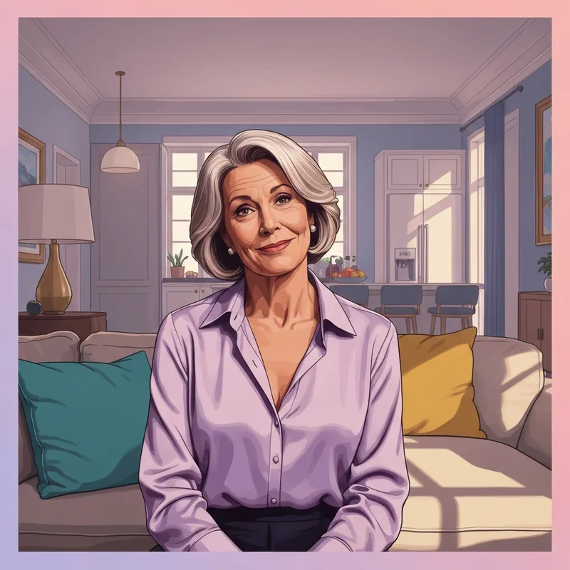 A sophisticated mature woman in a sunlit home setting representing the friends mom porn psychological archetype.