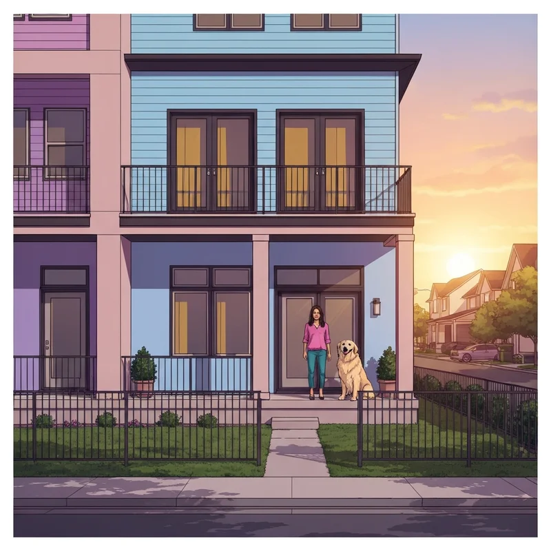 A happy dog and owner enjoying the yard of their pet friendly townhomes for rent.