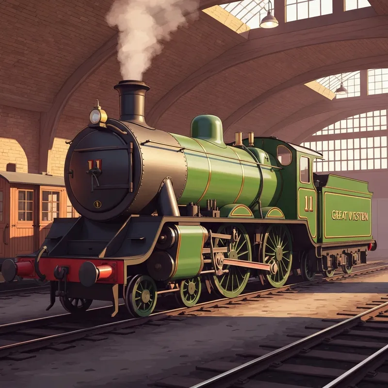 Oliver from Thomas and Friends resting in a sunlit engine shed after a long day of work on the Little Western.