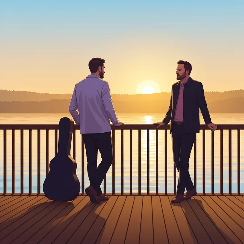 Two men standing peacefully at sunset, reflecting on the bond of jean-luc lajoie and jeremy camp still friends.
