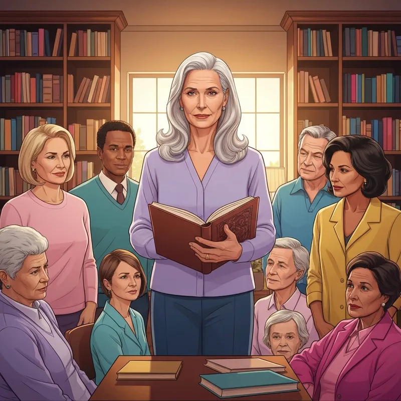 A warm, sunlit living room where an elegant elder shares family and friends poems with their diverse, multi-generational family.