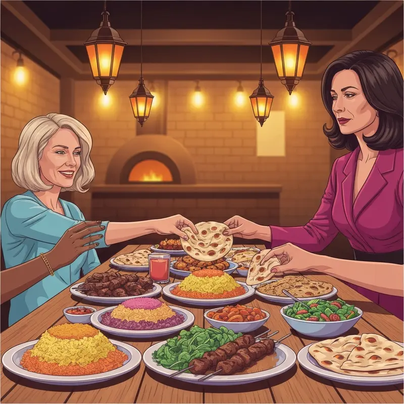 A large communal platter of saffron rice and skewers at a friends kabob dinner