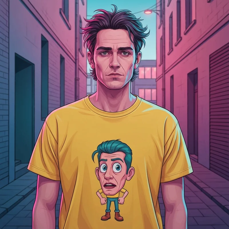 A stylish individual wearing one of the most popular smiling friends t shirts in a neon urban setting.