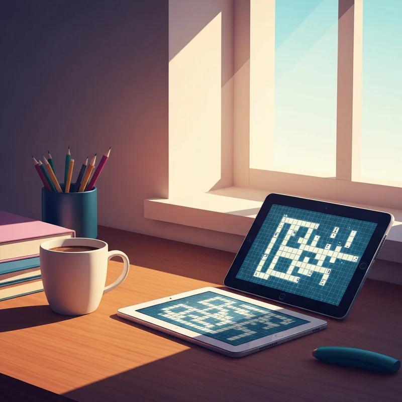 A peaceful morning ritual featuring a digital friendly crossword and a cup of coffee on a wooden desk.