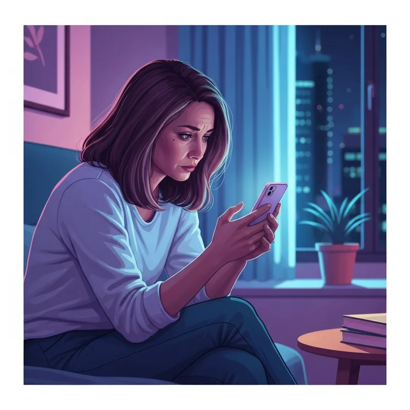 A young woman looking at her phone at night, illustrating the emotional context of searching for you say he's just a friend lyrics.