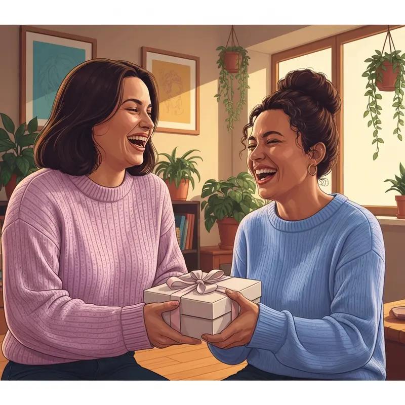 Two young women sharing an emotional moment while exchanging thoughtful presents for best friends in a cozy apartment.