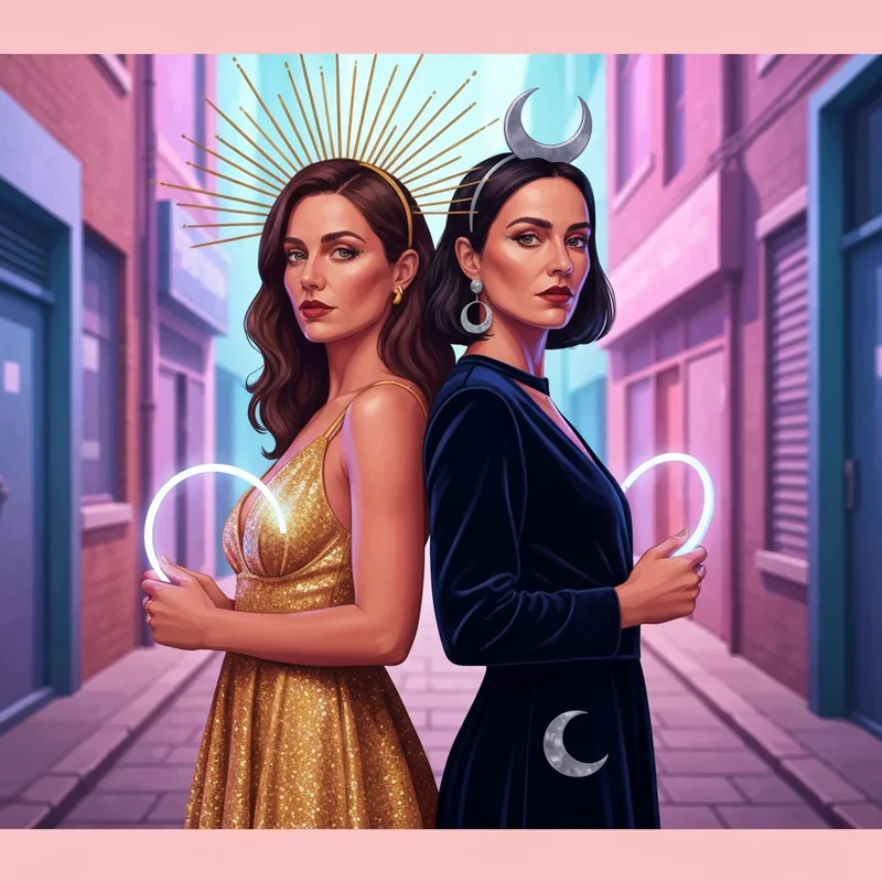 Two best friends posing in high-fashion sun and moon themed halloween costumes for 2 best friends in a neon alleyway.