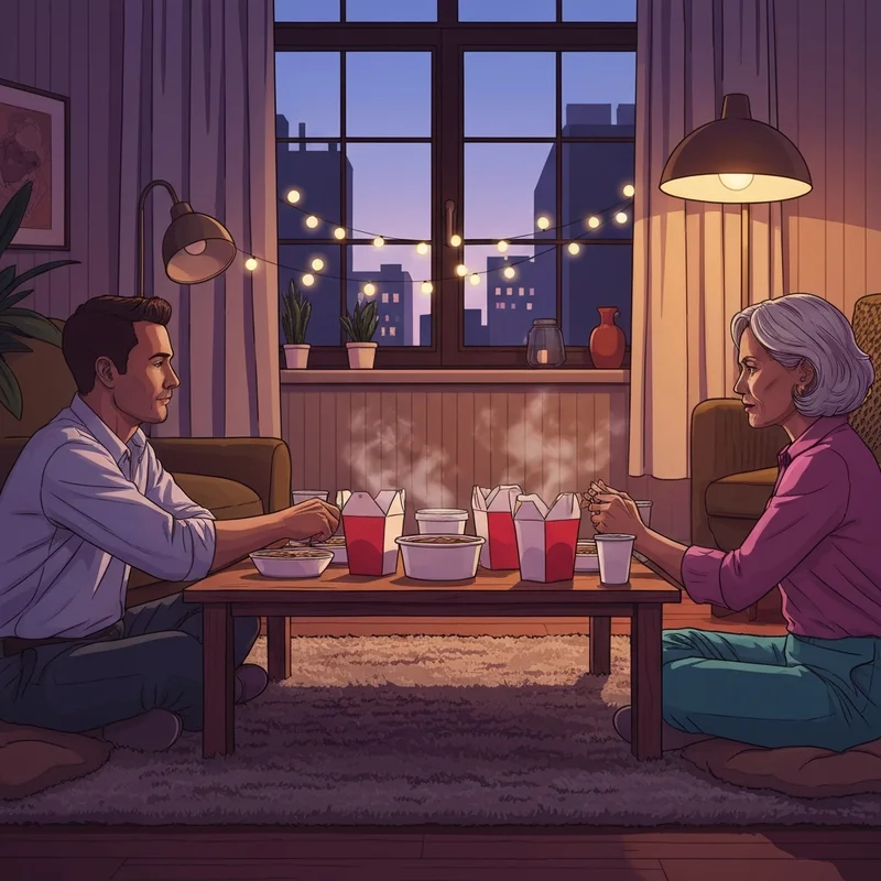 Two friends sharing a meal from good friend chinese in a cozy apartment setting.