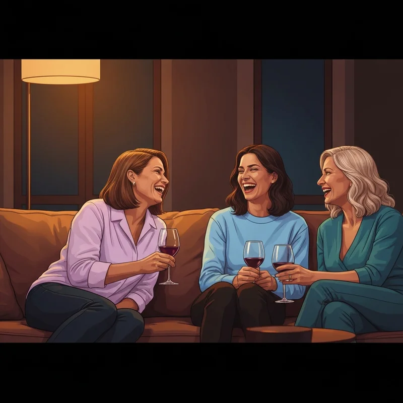 Three close friends sharing an intimate conversation about a potential best friend threesome in a warm living room.