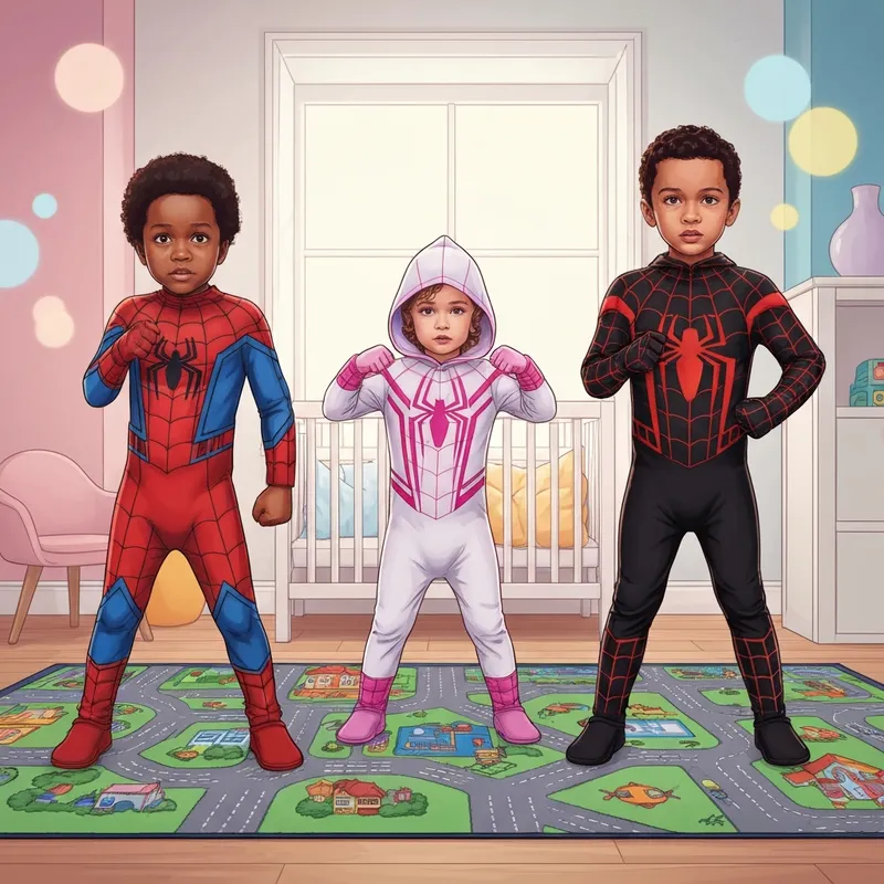 Three children in their spidey and his amazing friends costume posing together during a themed playdate.