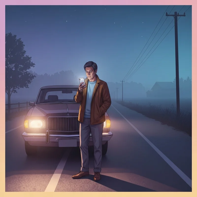 A person realizing they need to find out who your friends are during a crisis on a misty roadside.