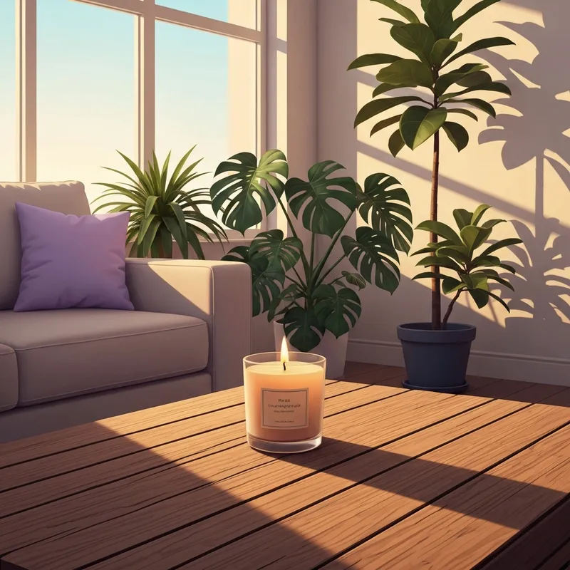 A luxury setup of eco friendly candles in a sunlit, plant-filled modern apartment.
