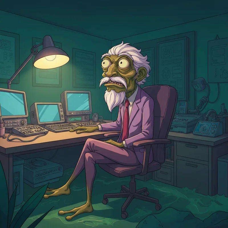 An unhinged frog character inspired by the creed bratton smiling friends cameo in a surreal office setting.