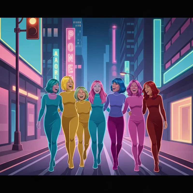 A group of vibrant digital idols representing the miku and friends community walking through a neon city.