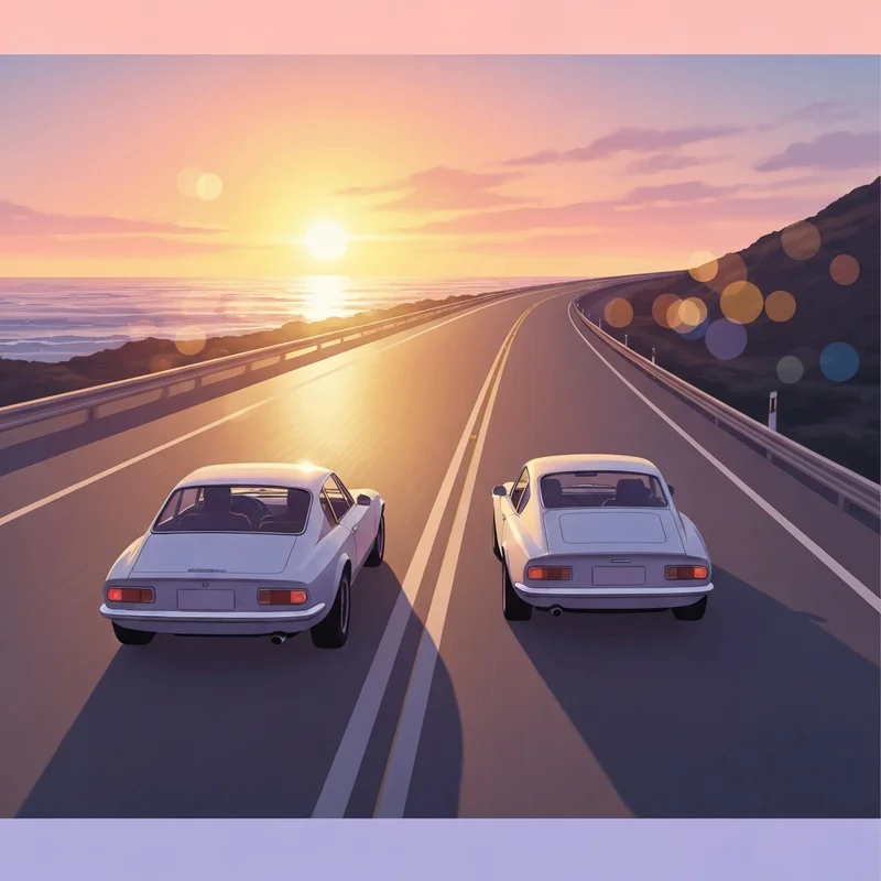 Two cars driving on a coastal road at sunset representing the it been a long day without you my friend lyrics.