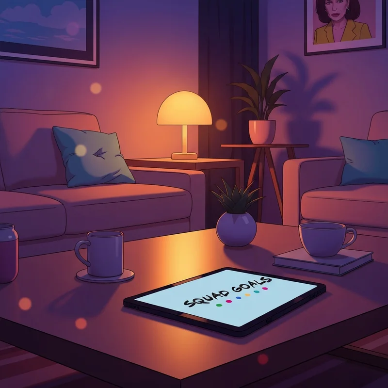 A digital tablet showing a custom logo created with a friends font generator on a cozy coffee table.