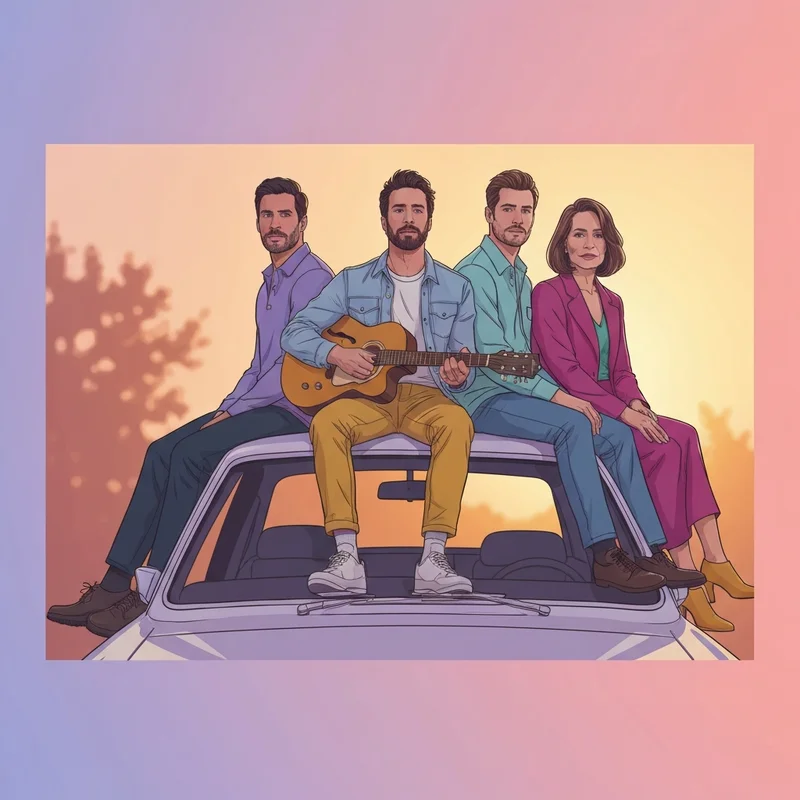 A group of friends laughing together during a sunset, illustrating the emotional power of songs about memories with friends.