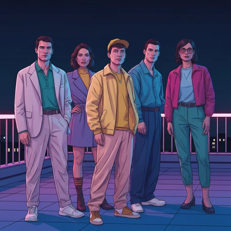 A stylish group of friends wearing matching costumes for friends in a cinematic rooftop setting.