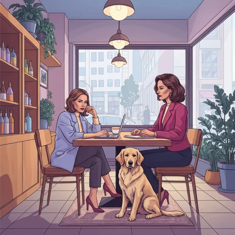 A woman and her well-behaved dog relaxing at one of the dog friendly cafes near me.