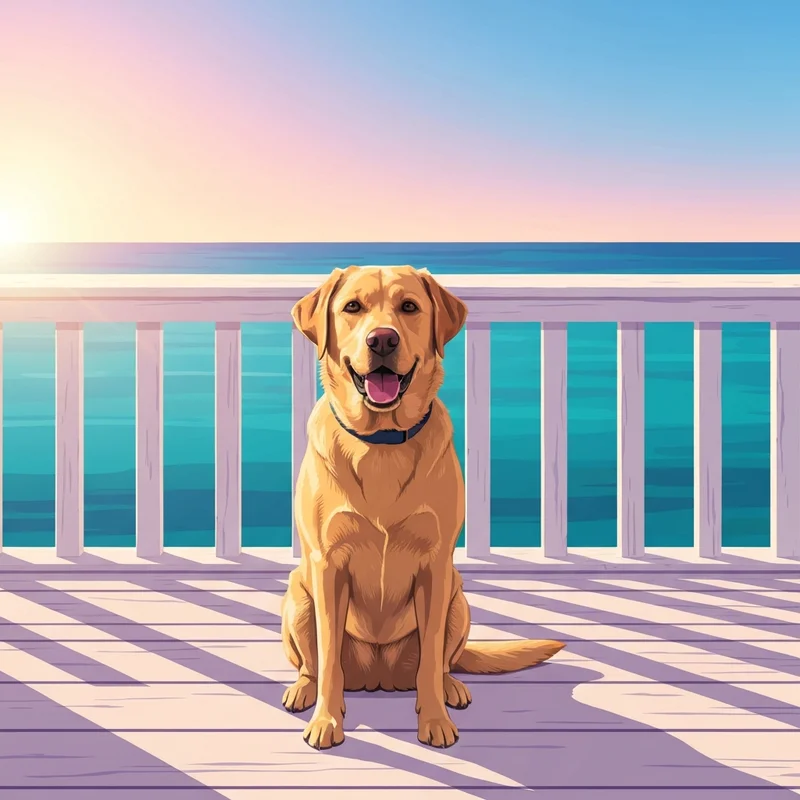 A golden dog looking at the waves from a pet friendly oceanfront myrtle beach balcony.