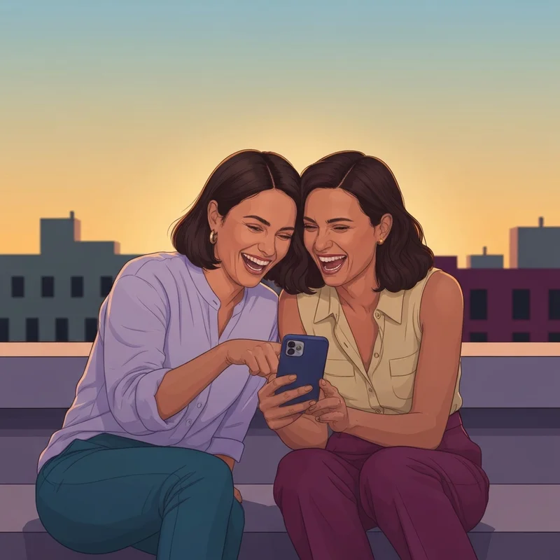Two friends laughing at a heartfelt birthday message for a friend on a smartphone at sunset.