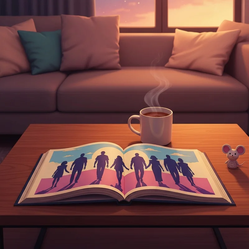 A cozy living room setting with a vintage book illustrating the friends of mickey mouse, symbolizing nostalgic connection and lifelong friendship.