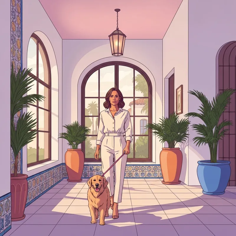 A luxury lobby scene at one of the premier dog friendly hotels santa barbara county with a woman and her golden retriever.