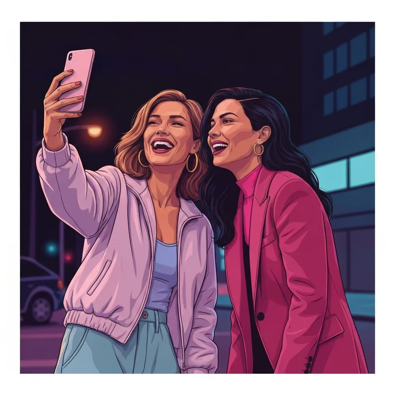 Two young women laughing and manifesting their best friend finna energy in a neon city.