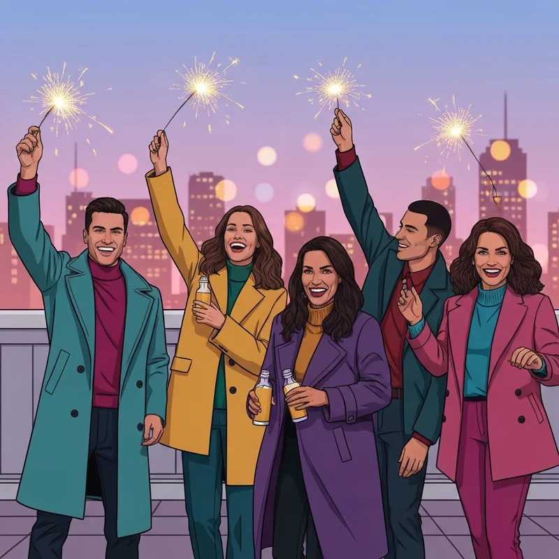 A group of friends celebrating on a rooftop with sparklers, perfect for happy new year wishes for friends 2026.