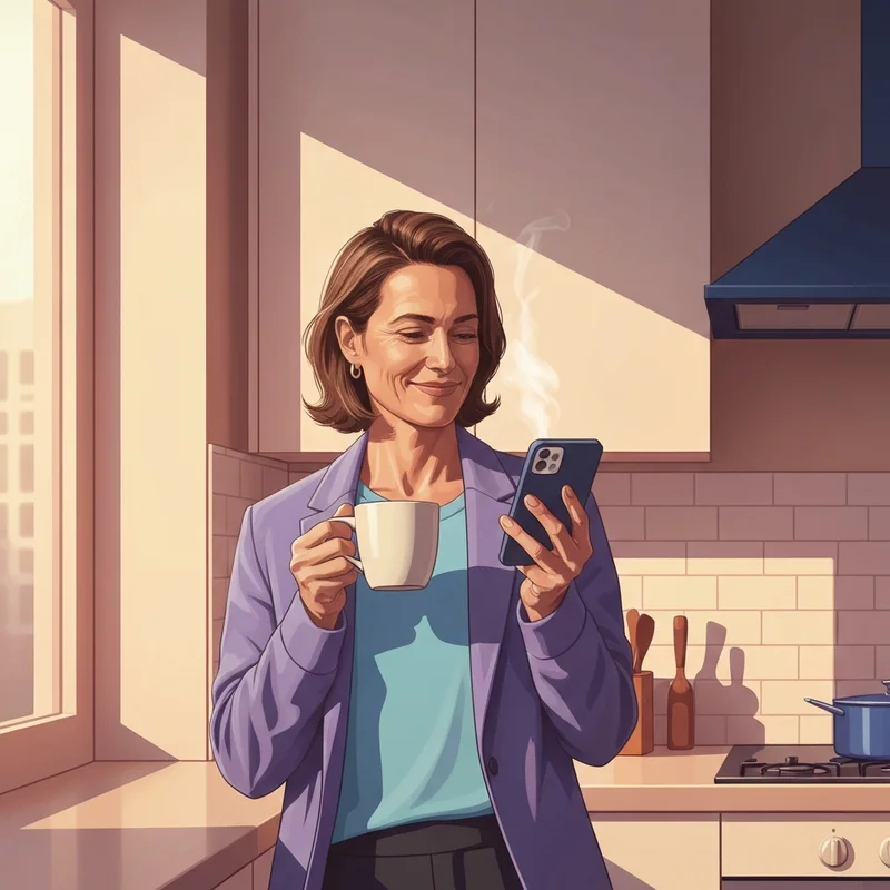 A person using good morning sayings for friends on their smartphone in a sunlit kitchen.
