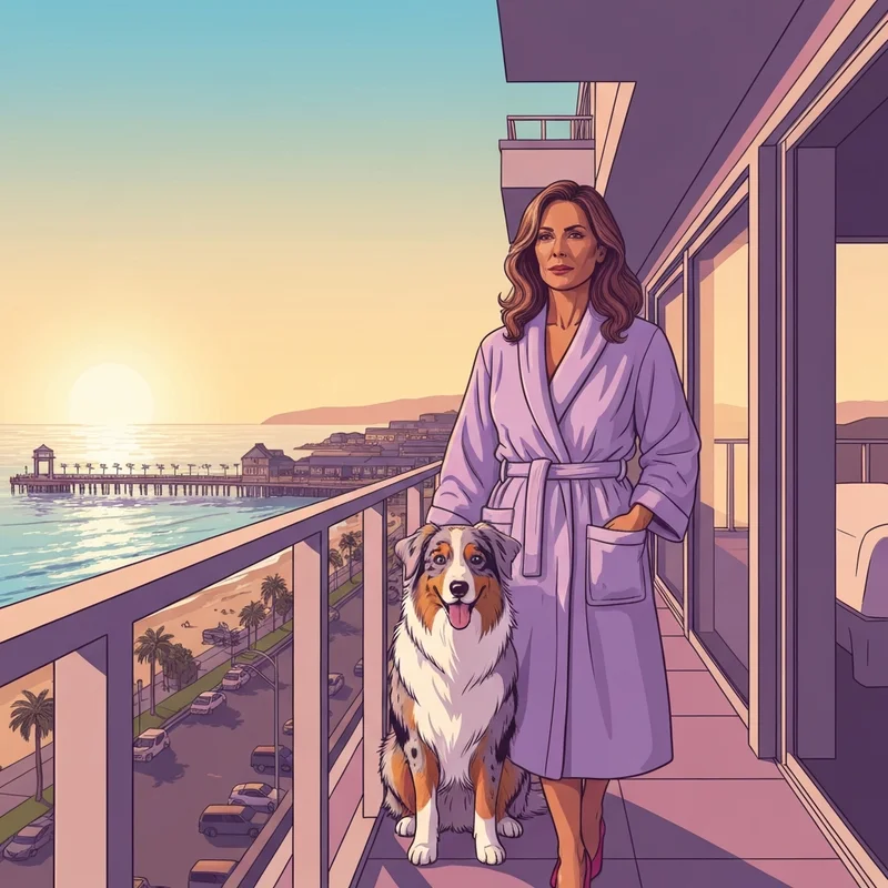A woman and her dog relaxing at one of the premier pet friendly hotels santa cruz overlooking the ocean.