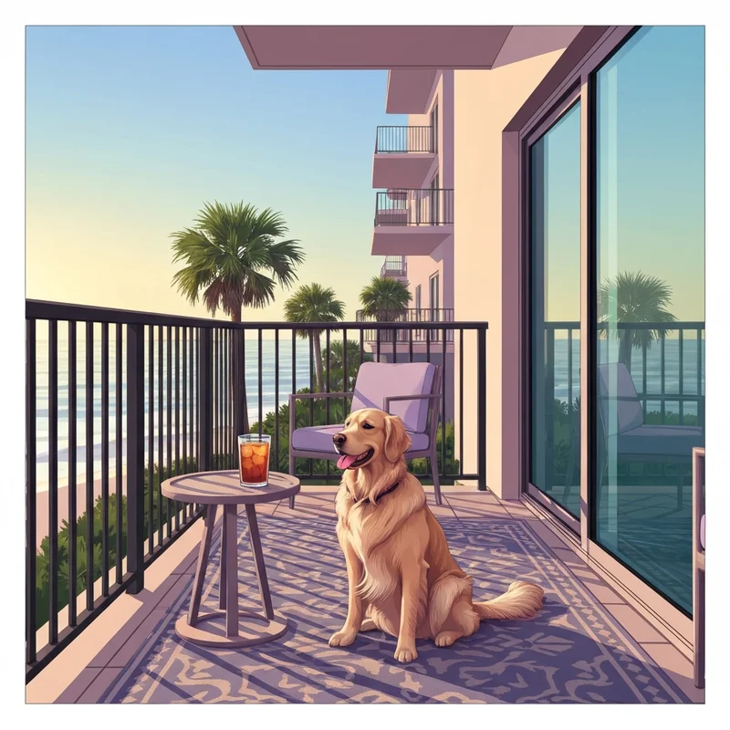 A luxury balcony at one of the pet friendly hotels hilton head featuring a dog looking at the ocean.