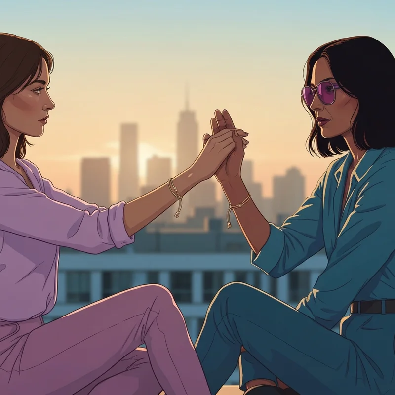 A cinematic shot of two girls wearing matching best friends bracelets on a rooftop at sunset.