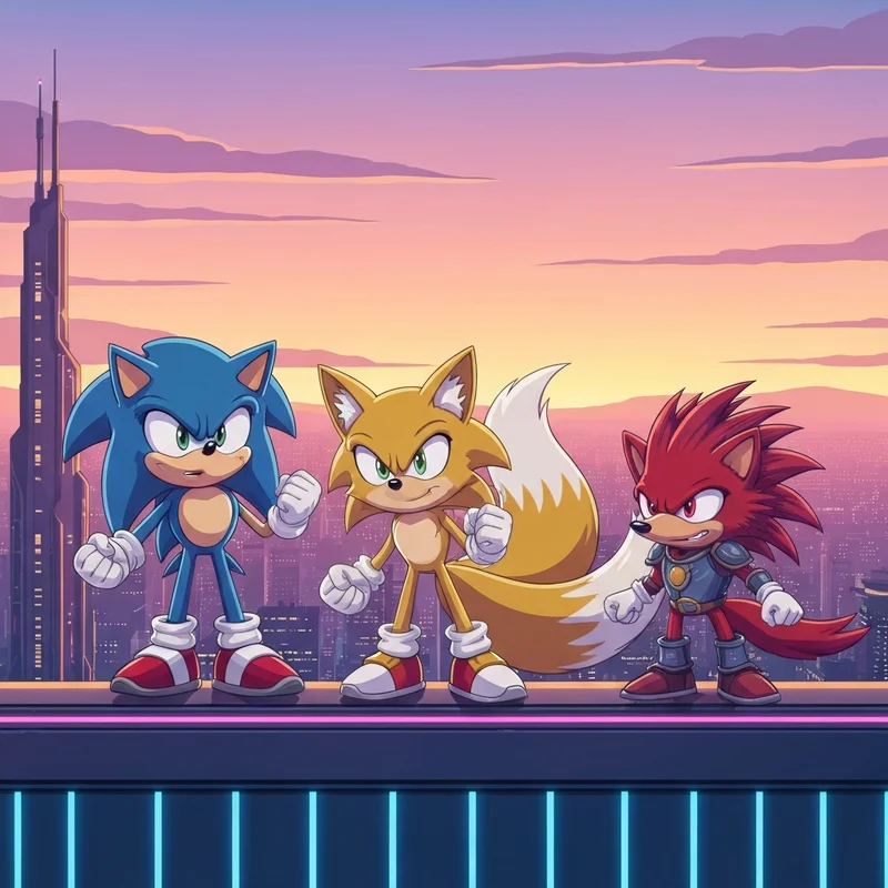 The iconic group known as sonic and his friends standing together in a futuristic city setting.