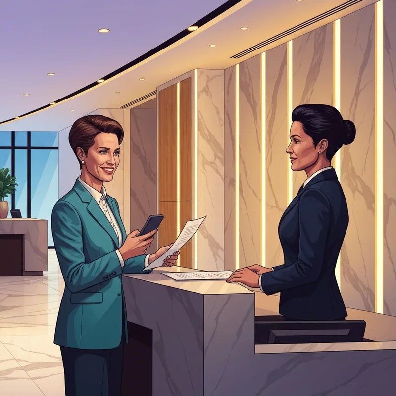 A young professional checking into a luxury hotel using a marriott friends and family code.