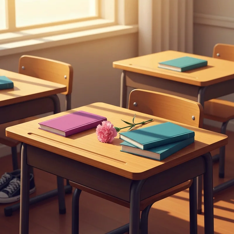 A nostalgic classroom setting featuring a pink carnation and school supplies, reflecting the themes of the white stripes we're going to be friends lyrics.