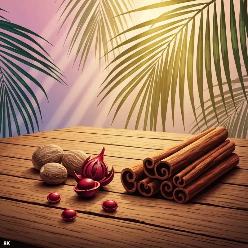 A beautiful arrangement of nutmeg and cinnamon sticks, highlighting cinnamon's spicy friend from indonesia in a tropical setting.