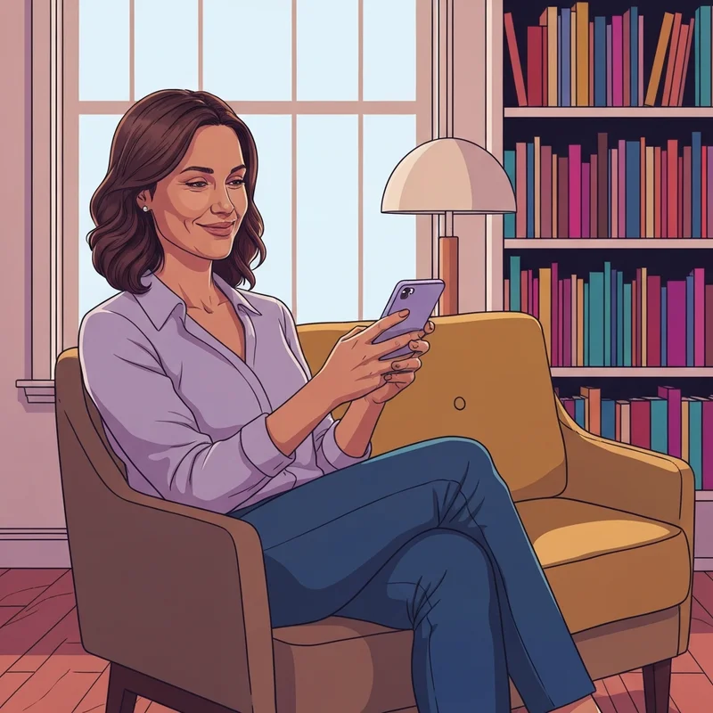 A woman feeling the warmth of a hello my friend greeting in her cozy apartment.