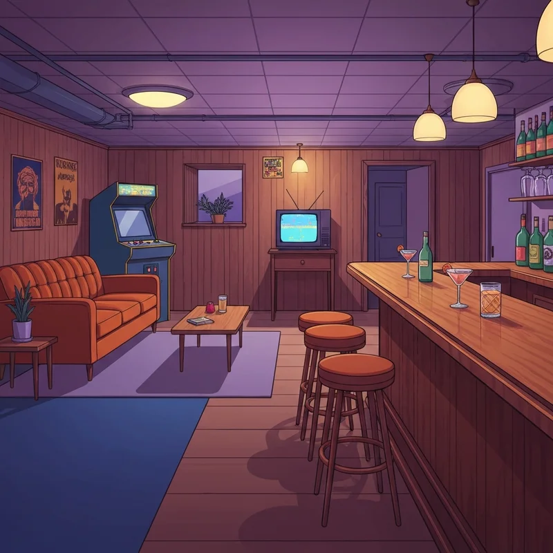 The interior of my friends house redlands showing 90s nostalgia decor and retro arcade games.