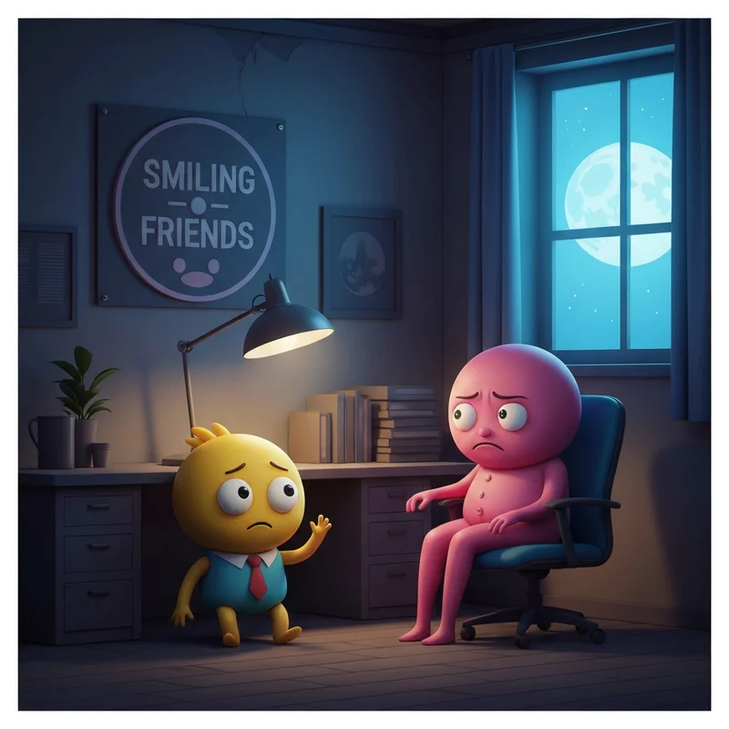 Two animated characters from the show Smiling Friends sitting in an office, perfect for fans looking to watch smiling friends free.