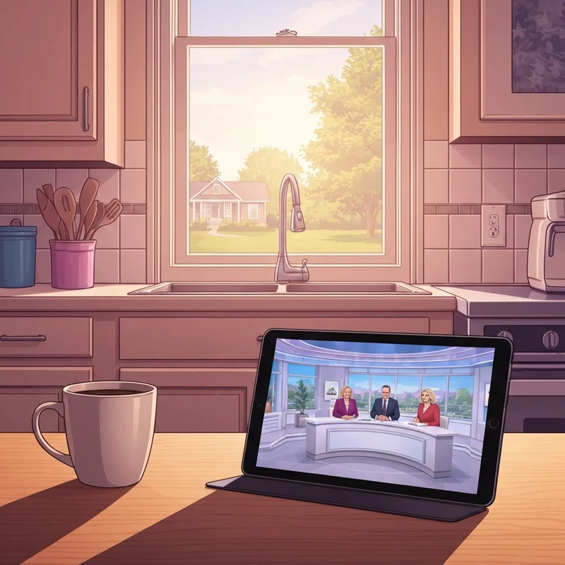 A peaceful morning ritual including a coffee mug and a digital tablet showing a trump fox and friends interview analysis.