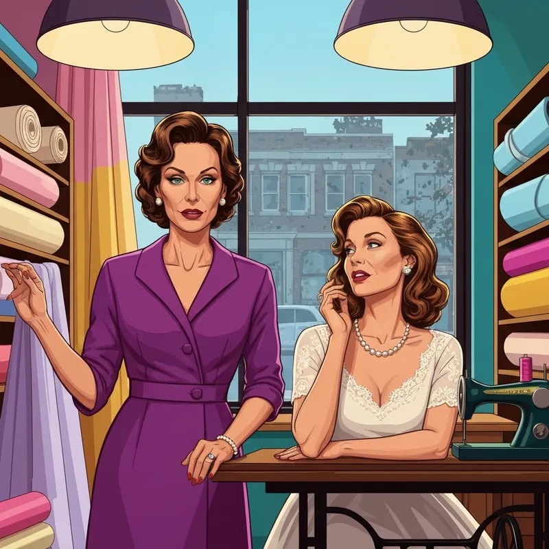 A cinematic depiction of Anita, Maria's friend in West Side Story, in a vintage bridal shop setting.