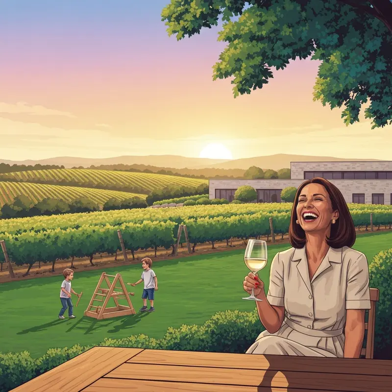 A happy mother enjoying a glass of wine at one of the top family friendly wineries while her children play on the grass.