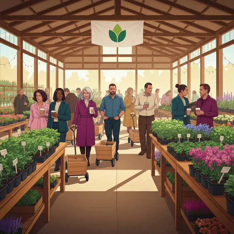 A busy community friends plant sale with gardeners browsing rows of native species and heirloom vegetables.