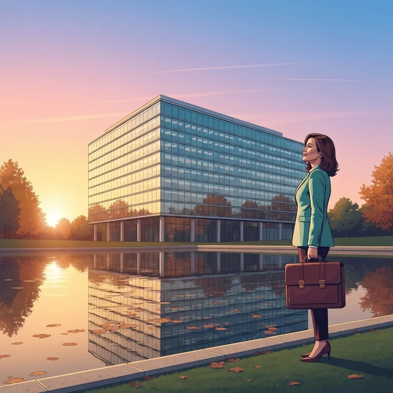 A parent standing confidently in front of the friend of the court oakland county mi landscape during sunset.