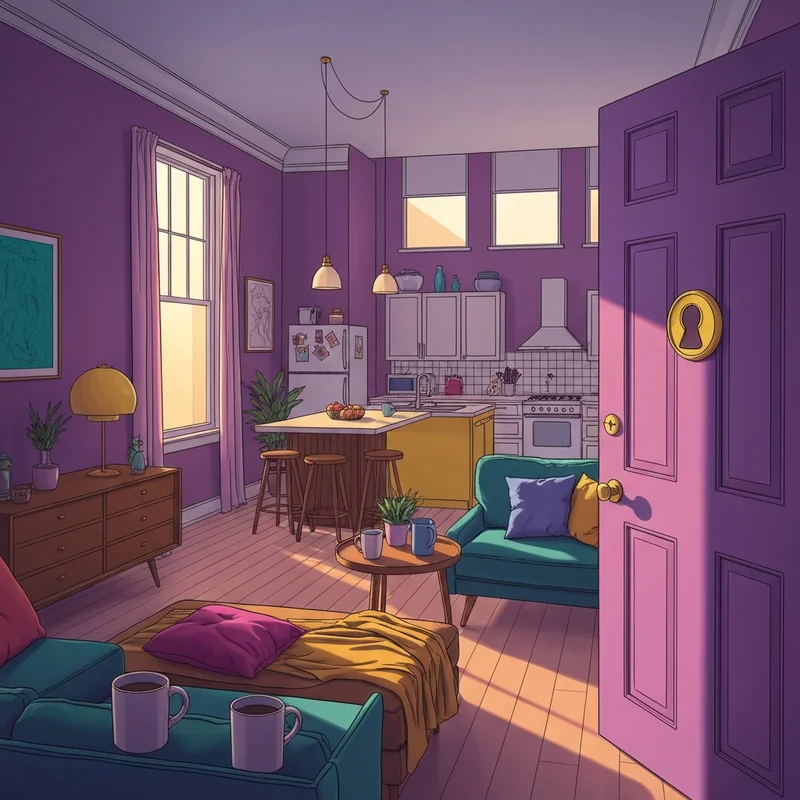 A nostalgic urban sanctuary inspired by monica's apartment friends with iconic purple walls and eclectic decor.