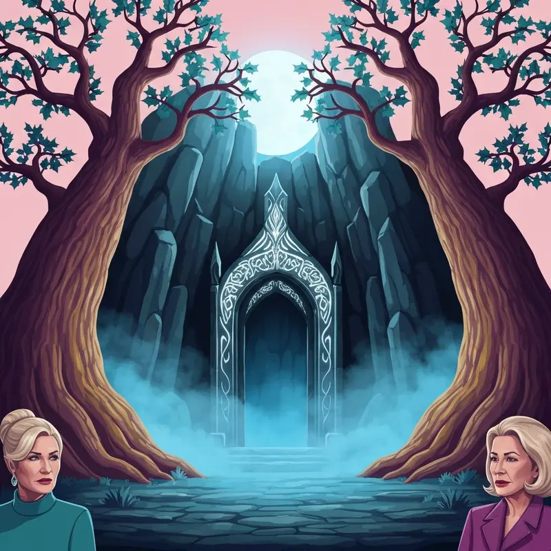 The glowing ancient stone gate of Moria featuring the inscription of a friend in elvish.