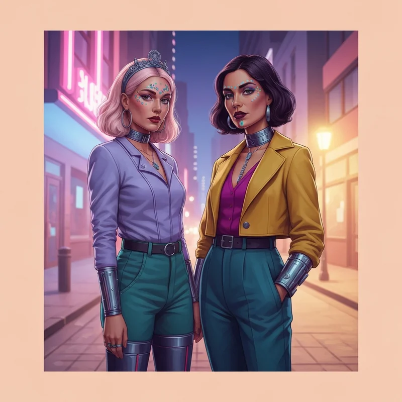 Two women wearing high-concept best friends halloween costumes with neon cyberpunk details.